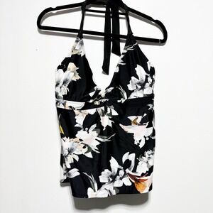 Athleta Swim Top Womens 36 D DD Black Floral Wire Swimwear Tankini Tie Neck